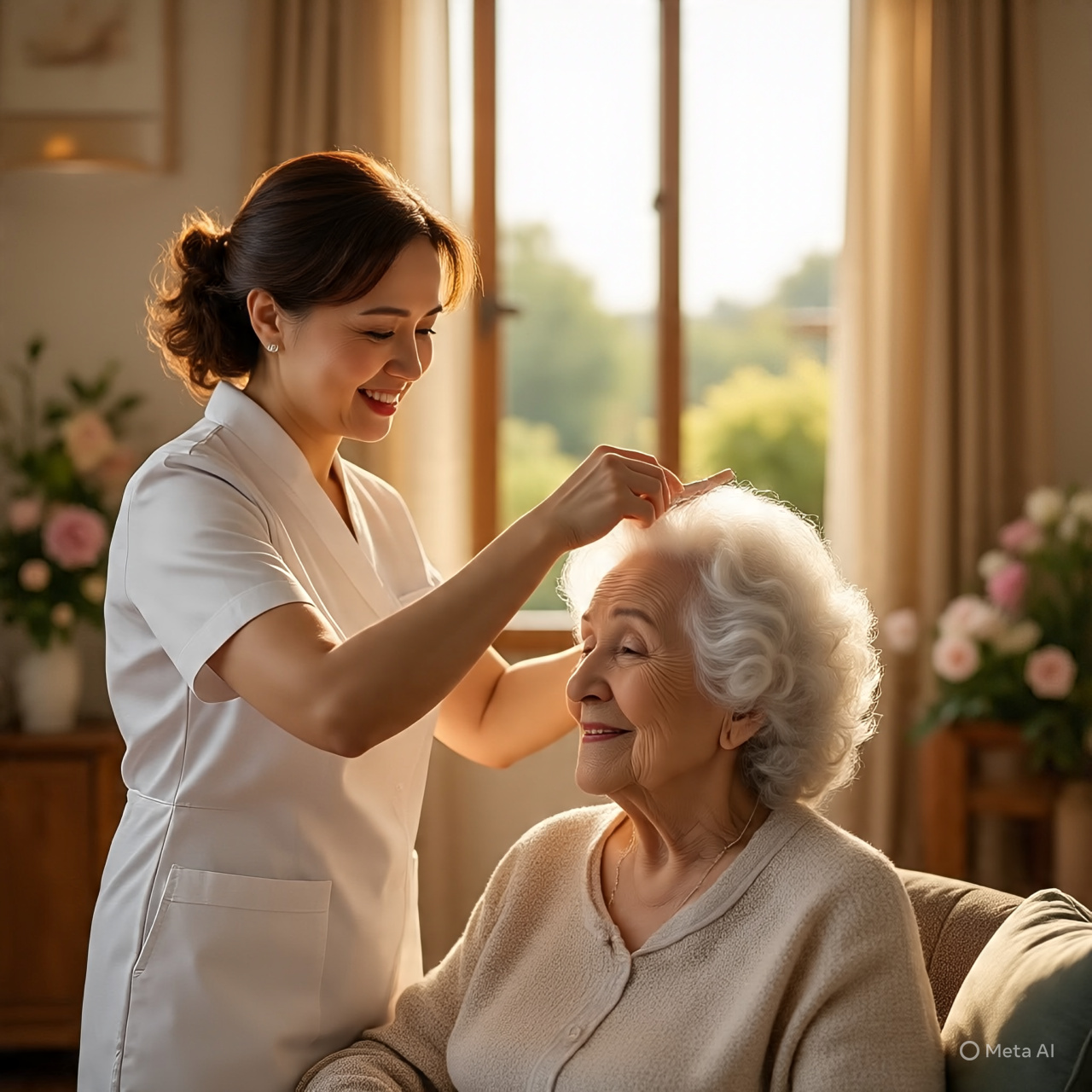 Professional caregiver assisting elderly woman with daily activities